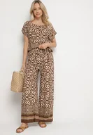 Komplety damskie - Ciemnobrązowy Komplet Bawełniany w Ornamentalny Wzór Spodnie i Bluzka Nanirienna - miniaturka - grafika 1