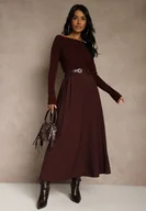 Spódnice - Bordowa Rozkloszowana Spódnica z Wiskozy z Dodatkowym Paskiem z Klamrą Lowedina - miniaturka - grafika 1