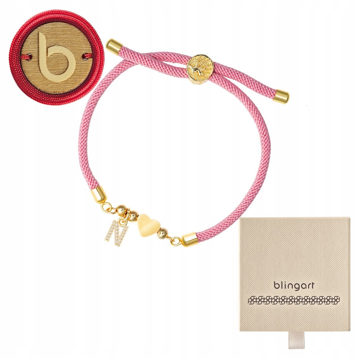 Bransoletka sznurkowa LITERKI serduszko RÓŻOWA regulowana LITERA BLINGART