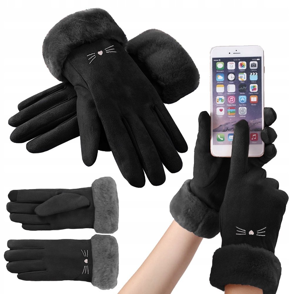 Rękawiczki Zimowe Ciepłe Dotykowe Damskie Futro M