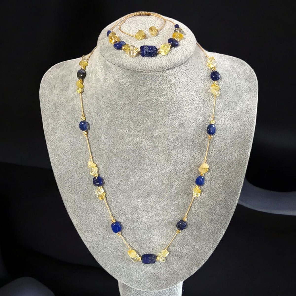 Blask Komplet biżuterii 2elementy naszyjnik bransoletka Lapis lazuli z cytrynem