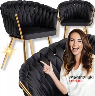 Krzesło Tapicerowane Welur Glamour CAPI Plecione Czarne Do Salonu Jadalni - Krzesła - miniaturka - grafika 1