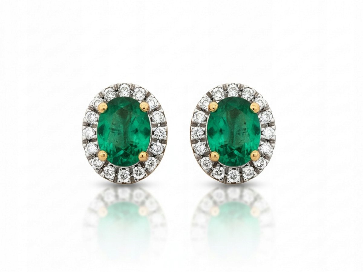 Kolczyki złote 585 sztyfty eleganckie ze szmaragdem i brylantami 0,128ct