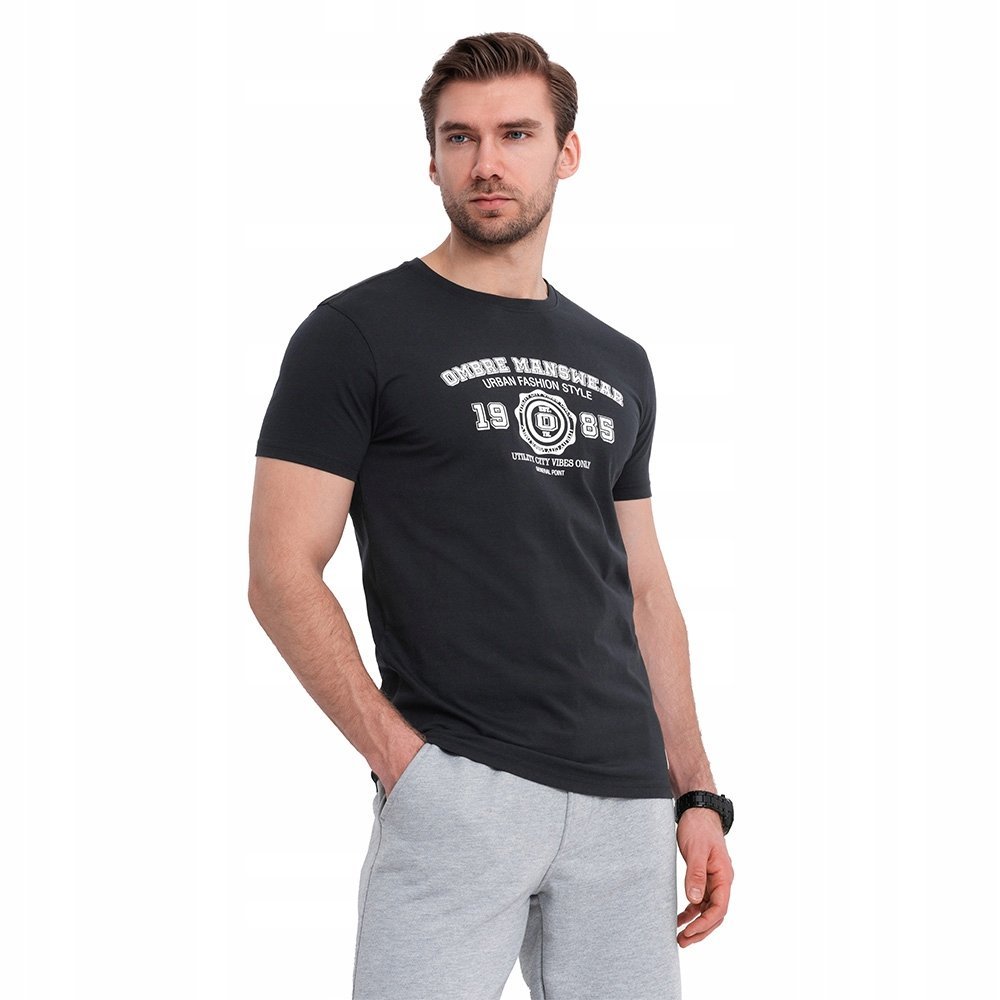 Męski bawełniany t-shirt z nadrukiem college czarny OM-TSPT-0137 V2 r. S