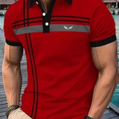 Inne - TEMU Męska letnia koszulka polo - Casual Striped Short Sleeve z kołnierzykiem na guziki, 100% poliestrowy materiał z dzianiny, lekka rozciągliwość, - miniaturka - grafika 1