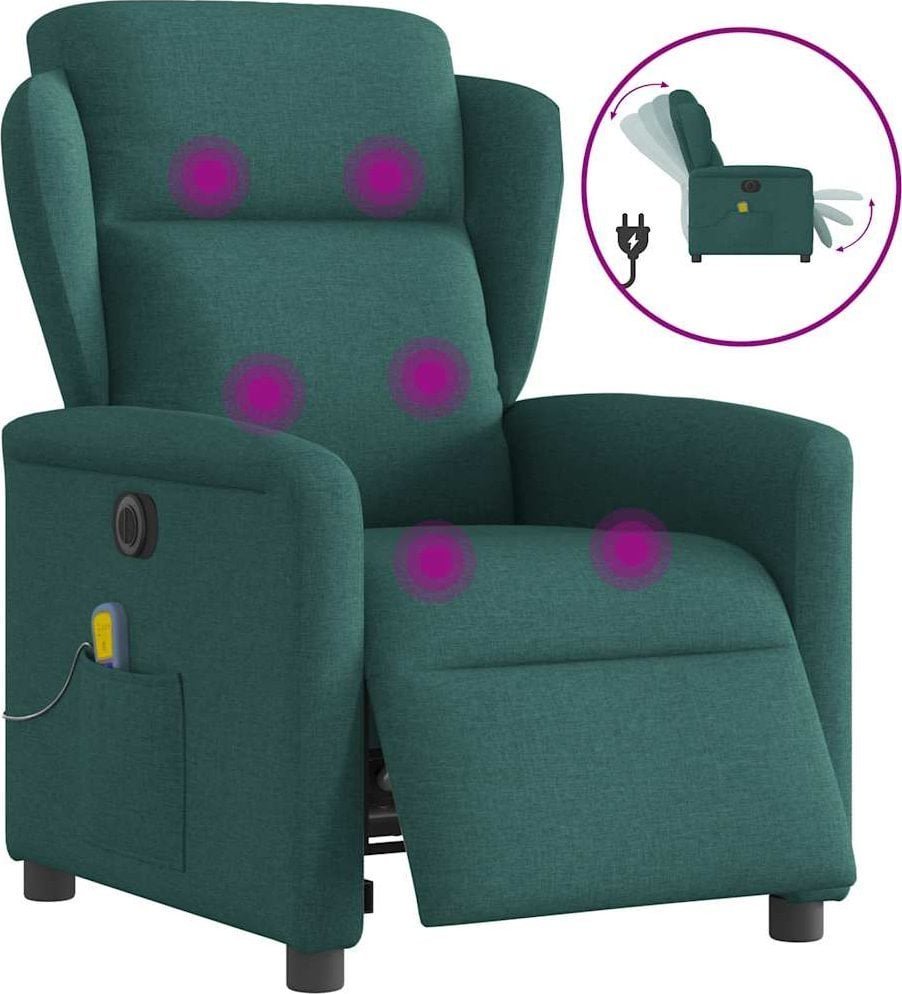 vidaXL Rozkładany fotel masujący, elektryczny, ciemnozielony, tkanina