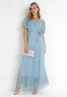 Sukienki - Jasnoniebieska Rozkloszowana Sukienka Maxi z Gumką w Pasie i Metaliczną Nitką Yura - miniaturka - grafika 1