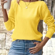 Swetry damskie - TEMU Elegancki Różowy Sweter z Długim Rękawem dla Kobiet - Okrągły Kołnierz, Całoroczny ze Wzorami na Przedramionach, Miękki i Trwały do Stylu Casual - miniaturka - grafika 1