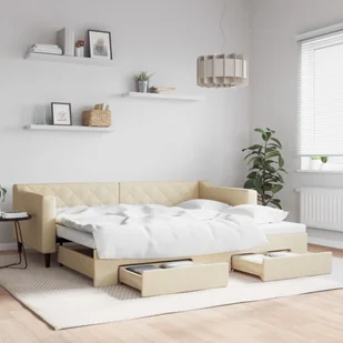 vidaXL Sofa rozsuwana z szufladami, kremowa, 90x200 cm, tkanina - Sofy i kanapy - miniaturka - grafika 1