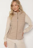 Kamizelki damskie - Ciemnobeżowa Pikowana Kamizelka ze Stójką i Zasuwanymi Kieszeniami Lorenith - miniaturka - grafika 1