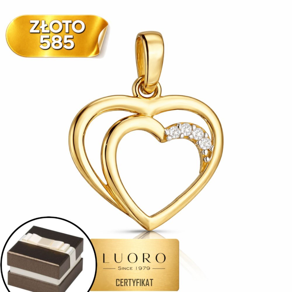 ZAWIESZKA ZŁOTA 585 14K DWA SERCA Z CYRKONIAMI 16 MM ELEGANCKA