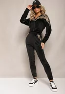 Dresy damskie - Czarny Welurowy Komplet Dresowy 2-Częściowy z Animal Print Bluza i Spodnie Atisilva - miniaturka - grafika 1