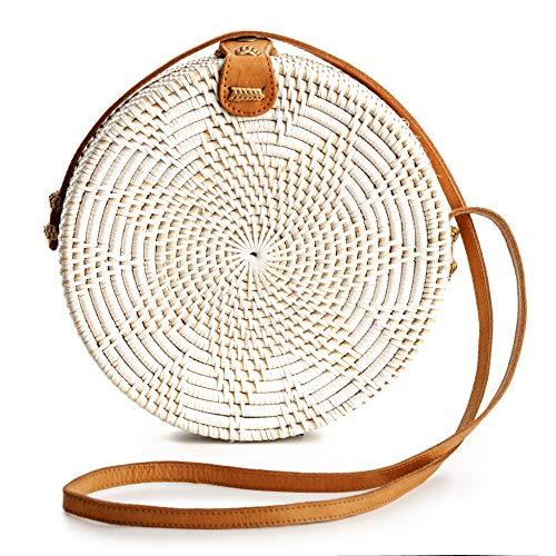 Novum Crafts Okrągła torba rattanowa dla kobiet, ręcznie robiona torebka słomkowa, wiklinowa torebka, brązowo-białe, okrągłe torby crossbody boho, biały, Diameter: 7 3/4” (20 cm), Współczesny