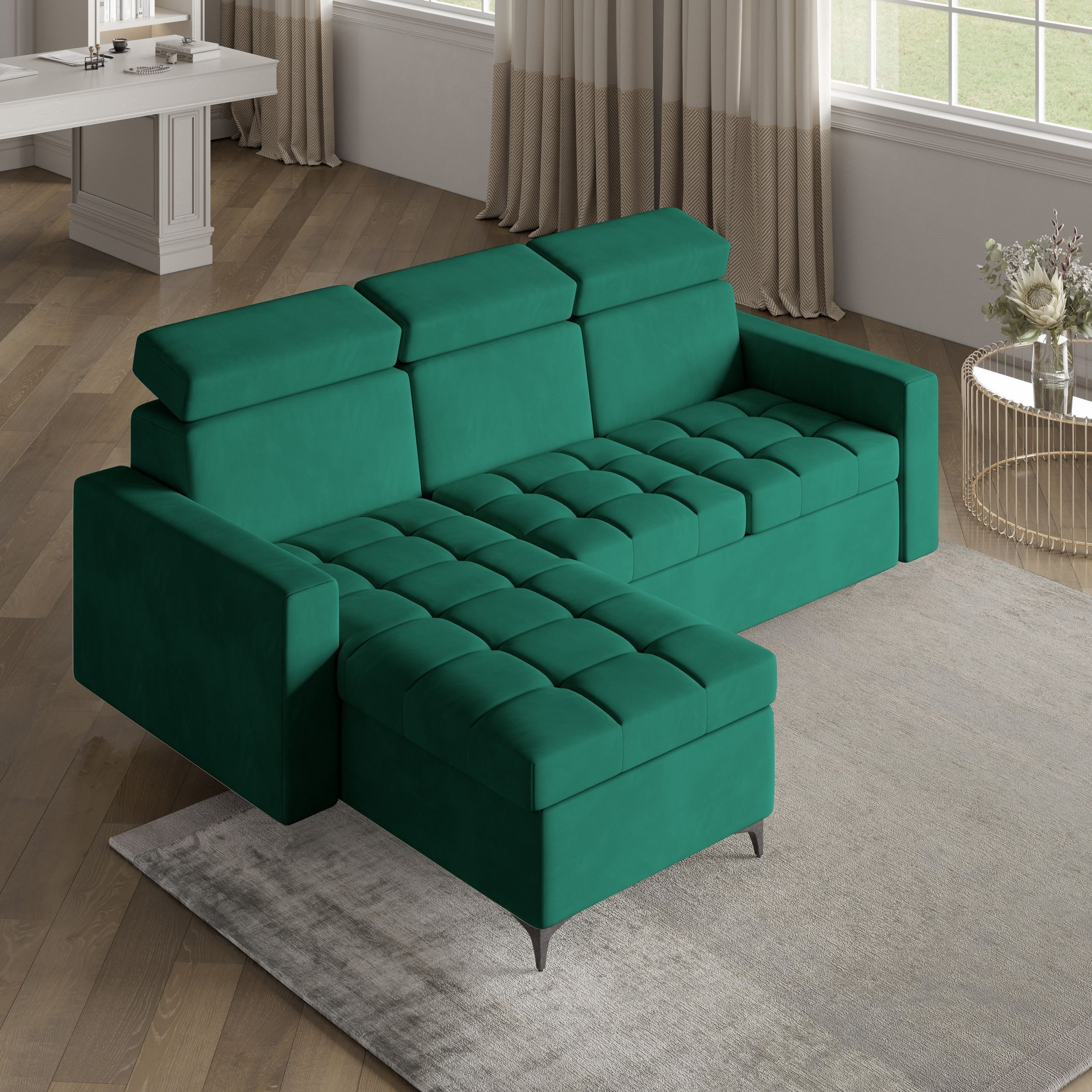 Masseno Narożnik KAME z funkcją spania i pojemnikiem na pościel Kształt L, Rozkładana sofa, Rogówka - Butelkowa zieleń, KRONOS 19