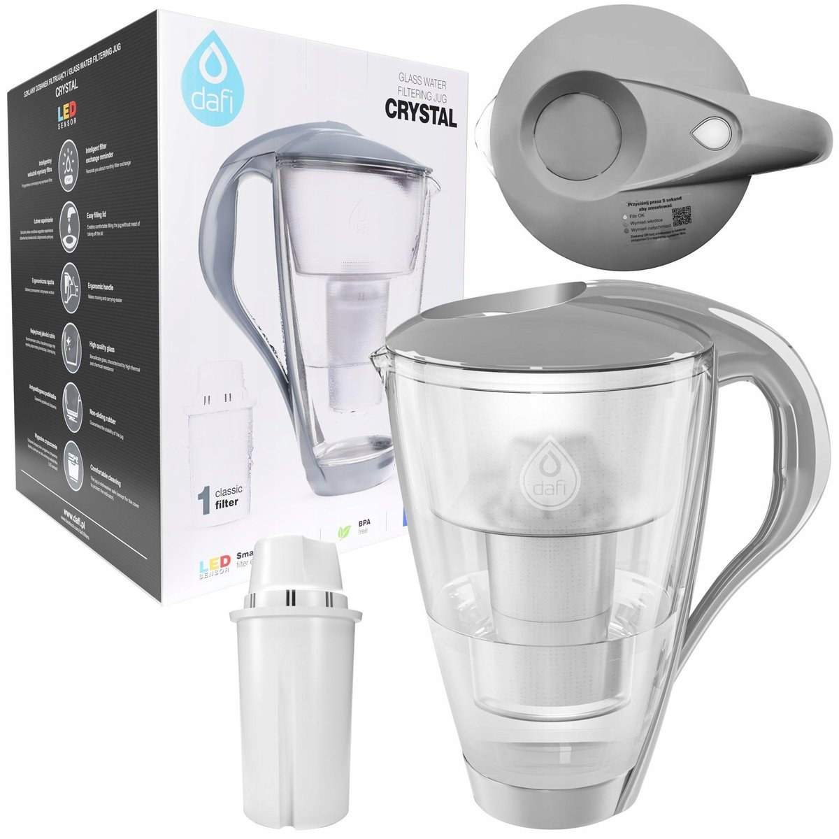 Szklany dzbanek filtrujący Dafi Crystal 2l z licznikiem LED + 1x Wkład