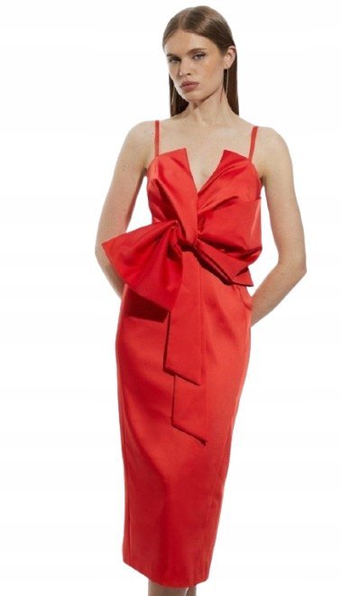 KAREN MILLEN TALL CZERWONA SUKIENKA MIDI Z KOKARDĄ NA RAMIĄCZKACH 36 B1C