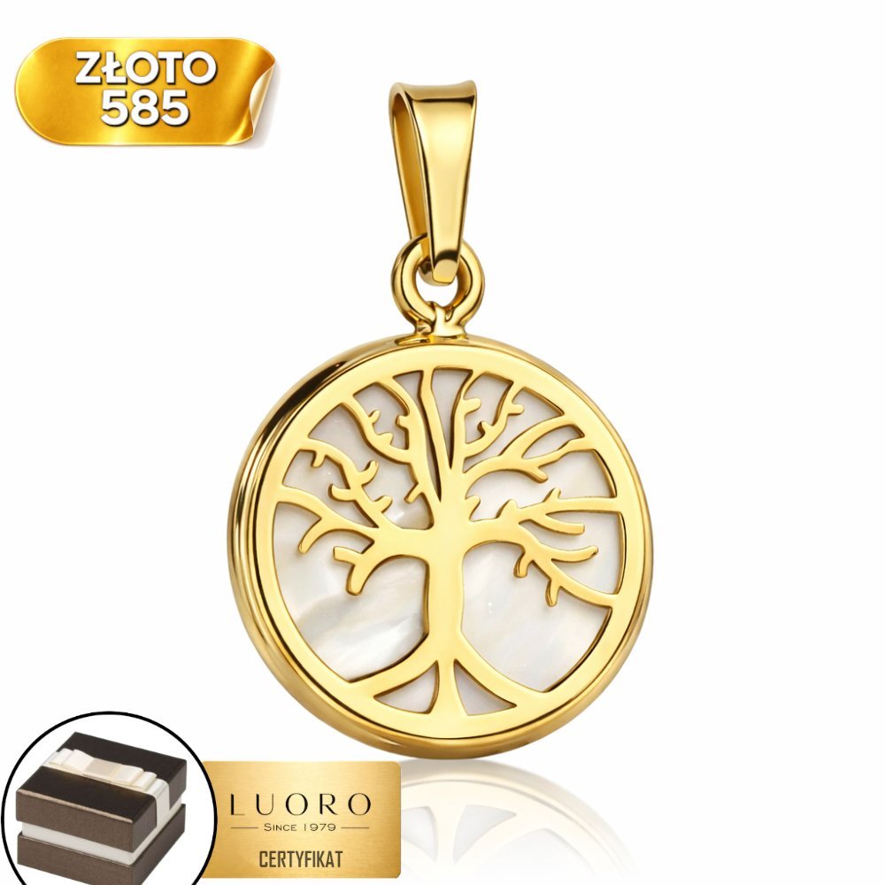 ZAWIESZKA ZŁOTA 585 14K DRZEWKO SZCZĘŚCIA MASA PERŁOWA 18 MM ELEGANCKA