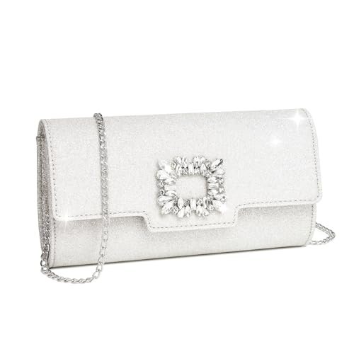 Miss Lulu Clutch damska błyszcząca torebka wieczorowa, elegancka kopertówka, torebka na łańcuszek, torba Crossbody Bag na wesele, imprezę, koktajl, bal absolwentów, srebro