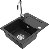 Zlewozmywaki z baterią - Mexen Enzo zlewozmywak granitowy 1-komorowy z ociekaczem i baterią kuchenną Telma, czarny/srebrny - 6506-73-670200-00 - miniaturka - grafika 1