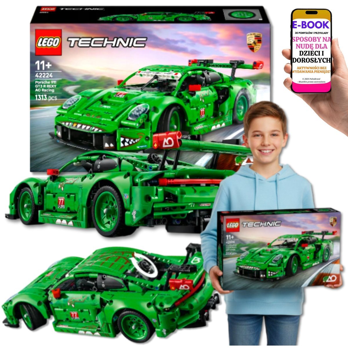 DUŻE KLOCKI LEGO AUTO Technic Porsche GT3 R • Design DINOZAURA • model premium Lego Na Urodziny Dzień Dziecka Święta + EBOOK-3