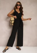 Kombinezony - Czarny Kombinezon z Wiskozy z Szerokimi Nogawkami z Gumką w Pasie i Materiałowym Paskiem Acladia - miniaturka - grafika 1
