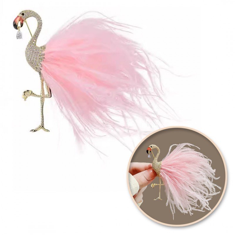 Broszka ozdobna złota z cyrkoniami, różowy Flaming BZ203