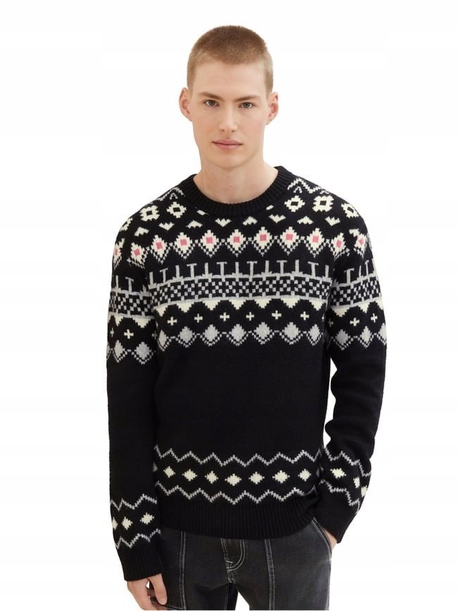 TOM TAILOR CZARNY SWETER MĘSKI WZÓR NORWESKI OKRĄGŁY DEKOLT XXL 6FA