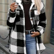 Kurtki damskie - TEMU Damski Zimowy Płaszcz z Pluszem w Kratę - Wiatroszczelny Kołnierz, Czarno-Biało-Szara Kratka, Pasek w Talii, Kieszenie i Możliwość Prania w - miniaturka - grafika 1