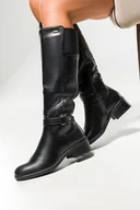 Kozaki damskie - Czarne kozaki damskie na niskim klocku z ozdobą guma w cholewce Casu 68178-36 - miniaturka - grafika 1