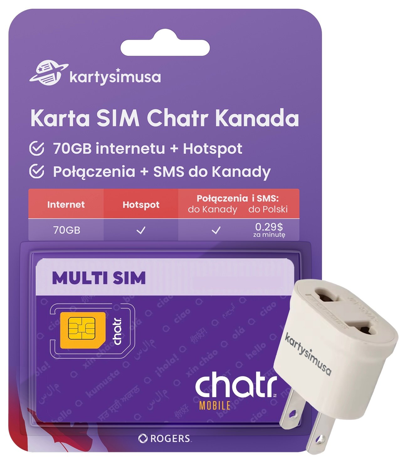 Karta Sim Kanada Rogers Chatr 70GB internetu Hs połączenia lokalne