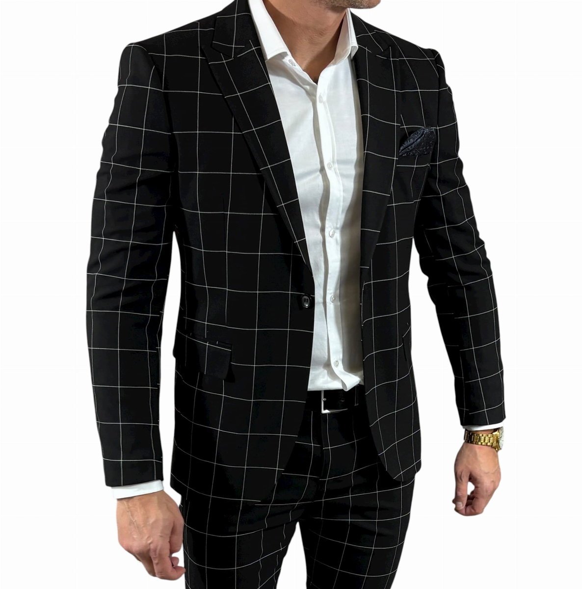 Marynarka jednorzędowa taliowana czarna w kratę DJM03 52