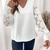 Koszule damskie - TEMU Elegancki top damski z dekoltem w kształcie litery V, długim rękawem, koronkowymi rękawami z wycięciami, jednokolorowymi polarami z poliestru, - miniaturka - grafika 1
