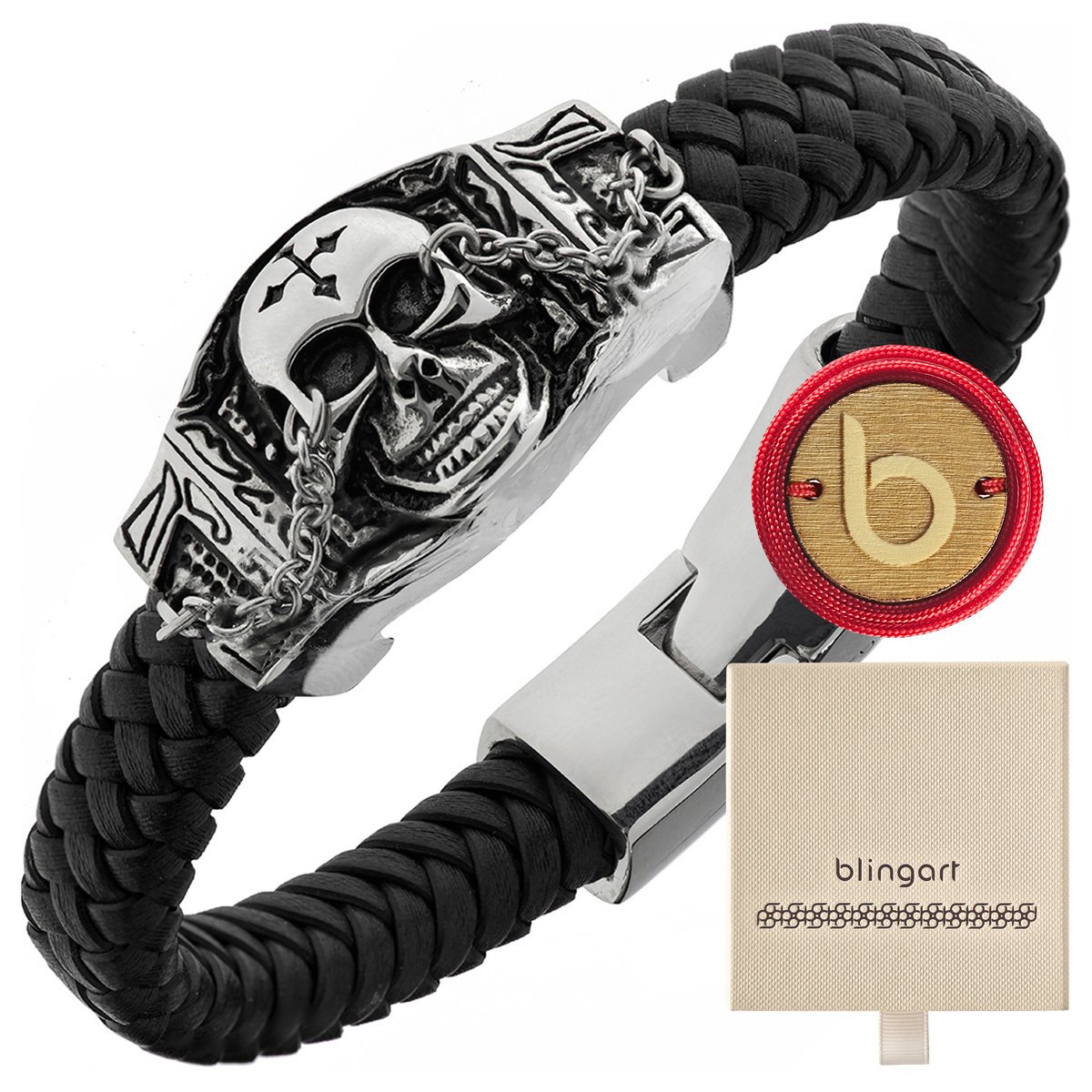Bransoletka męska skórzana czarna z czaszką