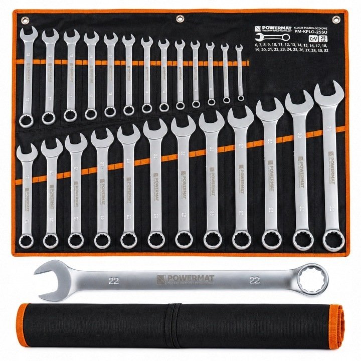Powermat Kluczy płasko-oczkowych 25 elementów 6-32 mm CrV w etui do garażu