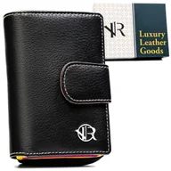 Portfele - Pionowy skórzany czarny portfel damski ROVICKY kolorowy środek portmonetka na zatrzask i suwak rozbudowany na karty pudełko prezentowe ochrona RFID .. - miniaturka - grafika 1