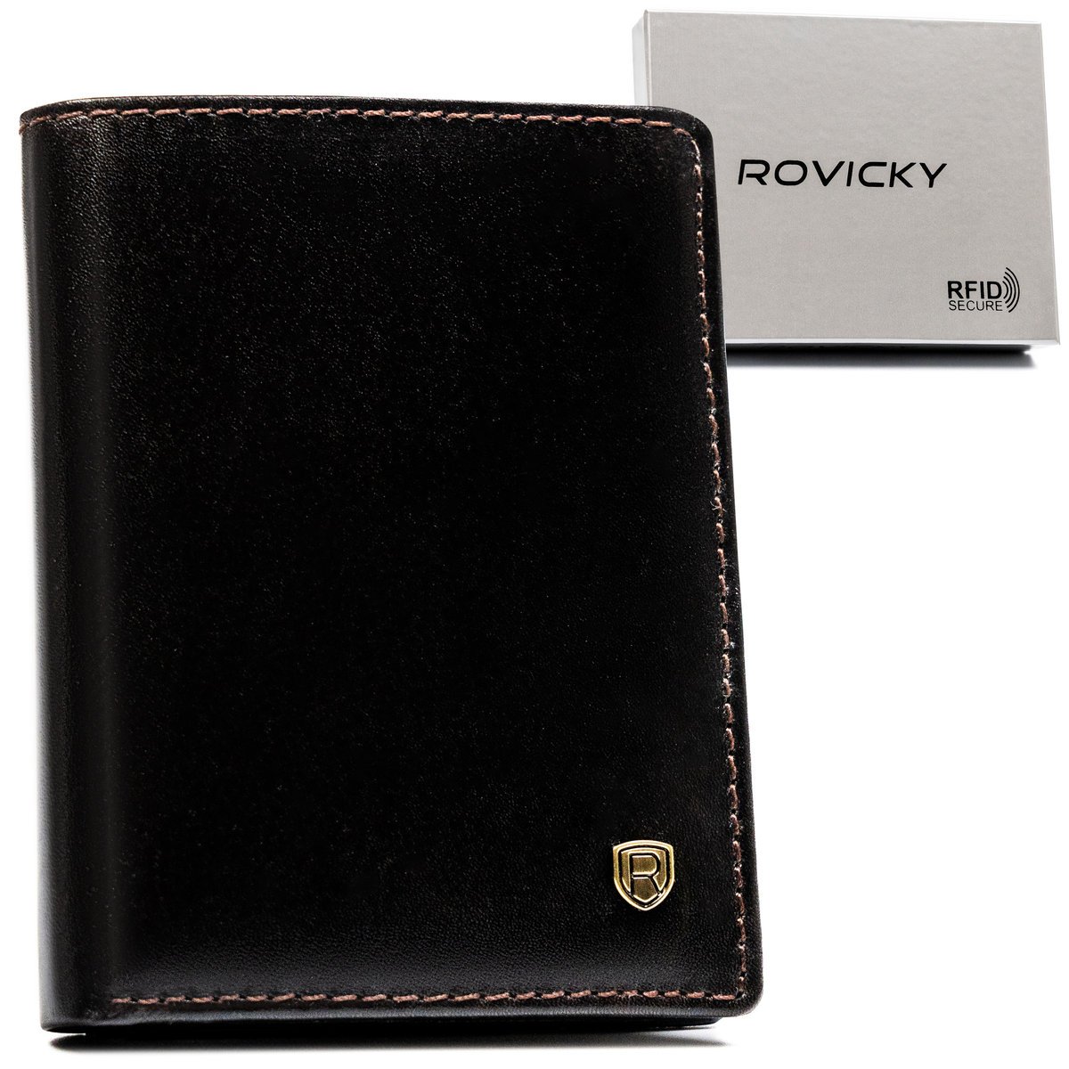 Skórzane etui na karty ROVICKY męskie eleganckie brązowe klasyczne bez zapięcia na prezent kieszeń na banknoty ochrona RFID