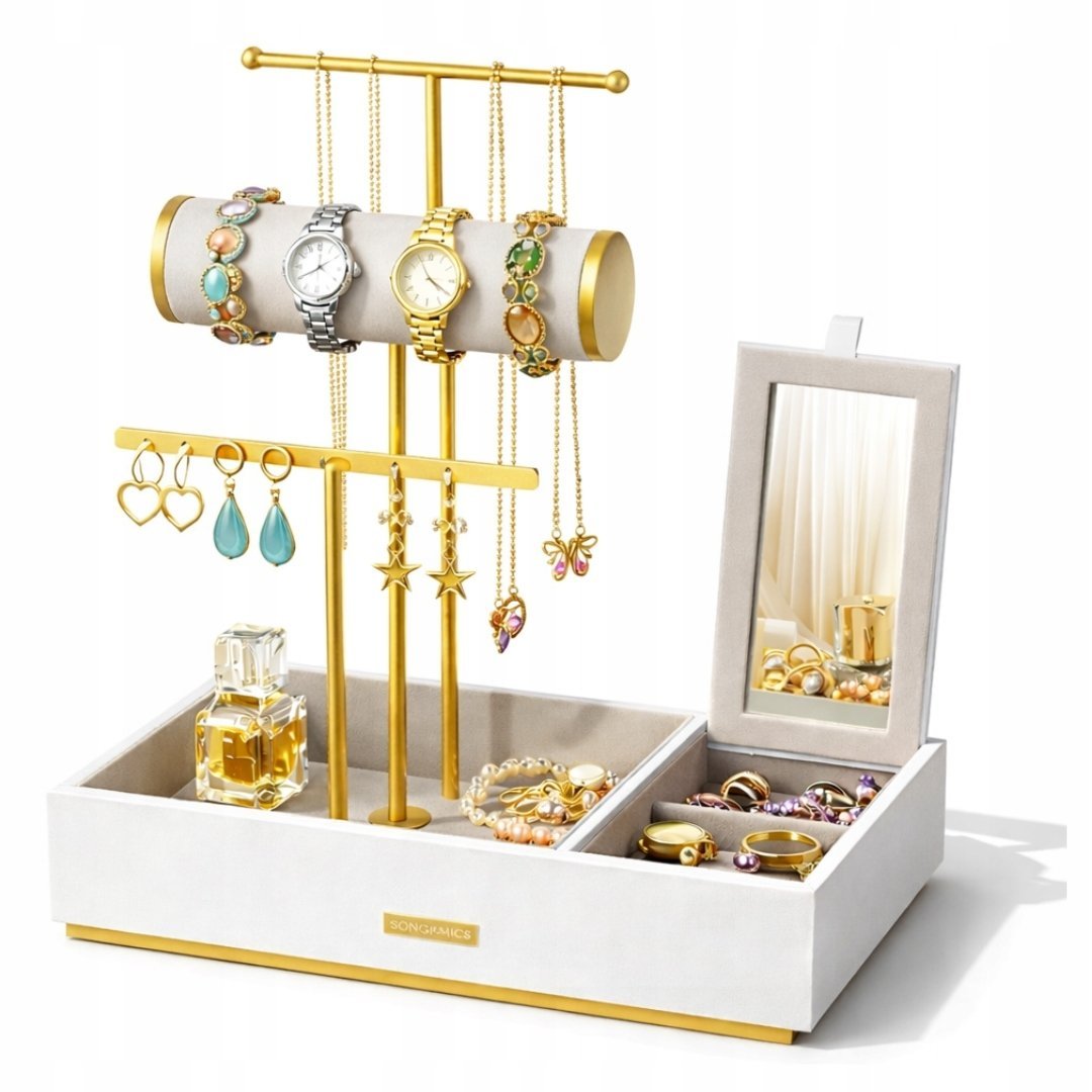 METALOWY STOJAK NA BIŻUTERIĘ Z LUSTREM ORGANIZER NA ŁAŃCUSZKI PIERŚCIONKI