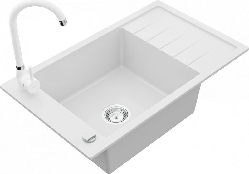 Mexen Zlewozmywak  Elias granitowy 1-komorowy z ociekaczem i baterią kuchenną Telma, biały - 6511-20-670200-20