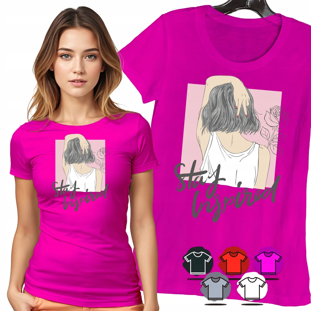 KOSZULKA DAMSKA T-SHIRT - STAY INSPIRED KOBIETA KWIATY MOTYW MODA WZÓR - M