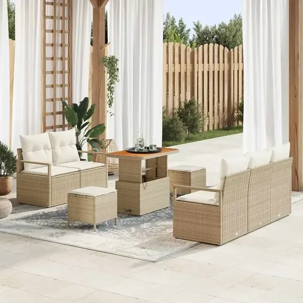 Zestaw Ogrodowy z Rattanu, Sofa + Sofa Boczna + Stół + Pufa, Beżowy, 6 O