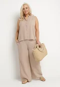 Komplety damskie - Ciemnobeżowy Komplet Koszula bez Rękawów i Szerokie Spodnie z Gumką w Pasie Telanwena - miniaturka - grafika 1