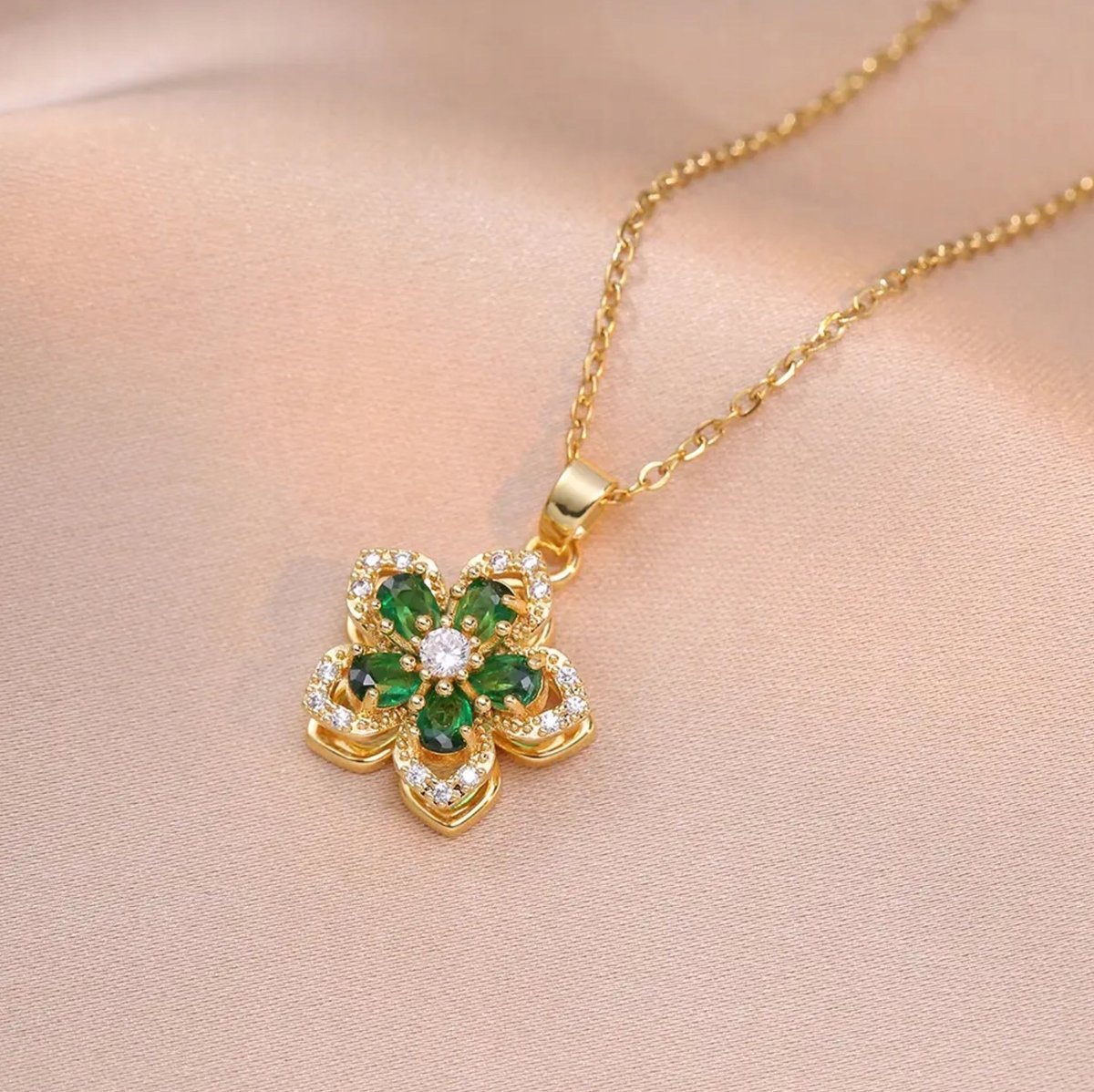 Złoty Naszyjnik Kwiat Szmaragdy Cyrkonie Damski Stal Szlachetna na Prezent