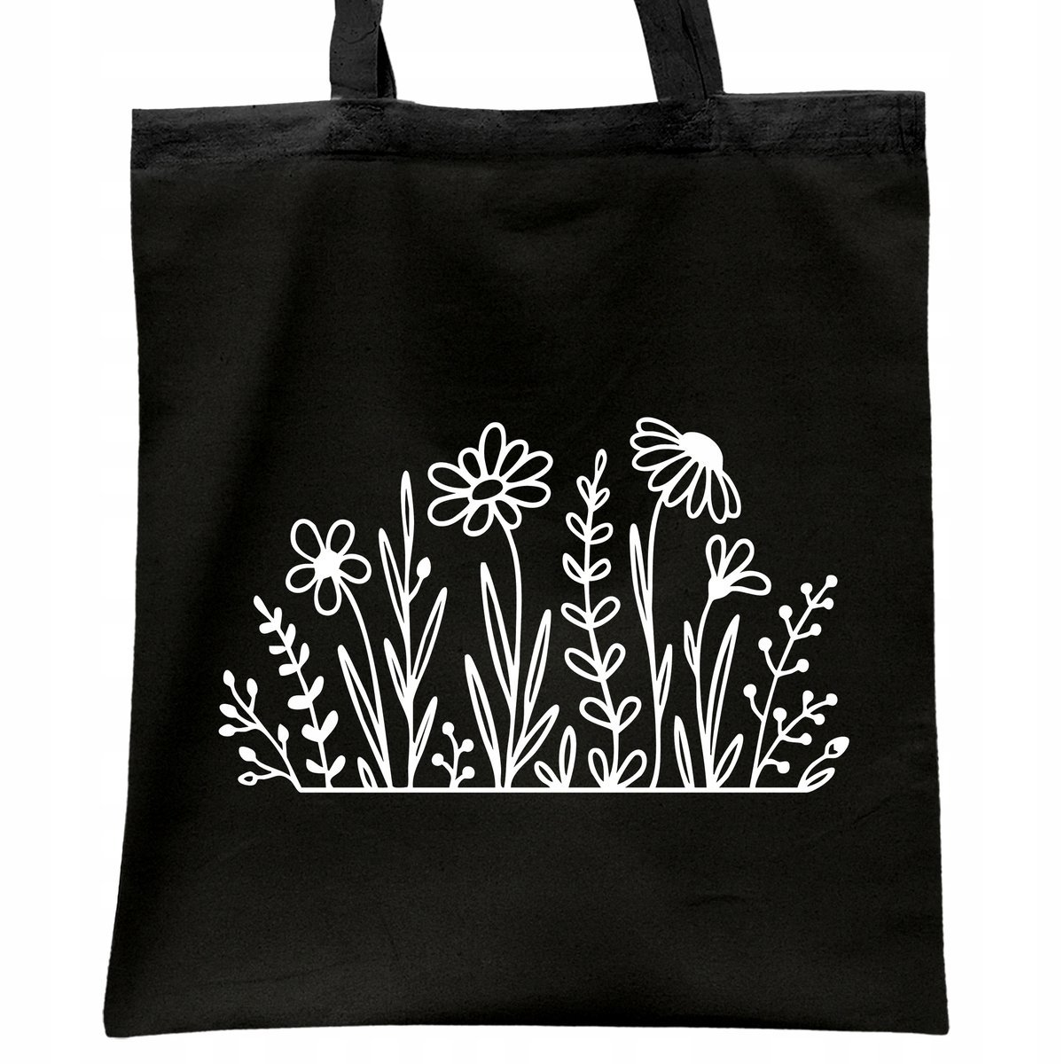 Torba bawełniana czarna na zakupy Kwiatki Minimalizm