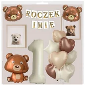 Baby shower i roczek - BALONY NA PIERWSZE URODZINY ROCZEK IMIĘ BANER PERSONALIZOWANY BALON 1 MIŚ - miniaturka - grafika 1