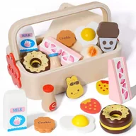 Zabawy w naśladowanie dorosłych - DREWNIANE ŚNIADANIE CIASTKA DO KROJENIA CIĘCIA NA MAGNES W SKRZYNCE ZESTAW - miniaturka - grafika 1