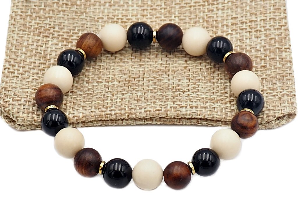 Bransoletka koraliki kamień rzeczny drewno onyks