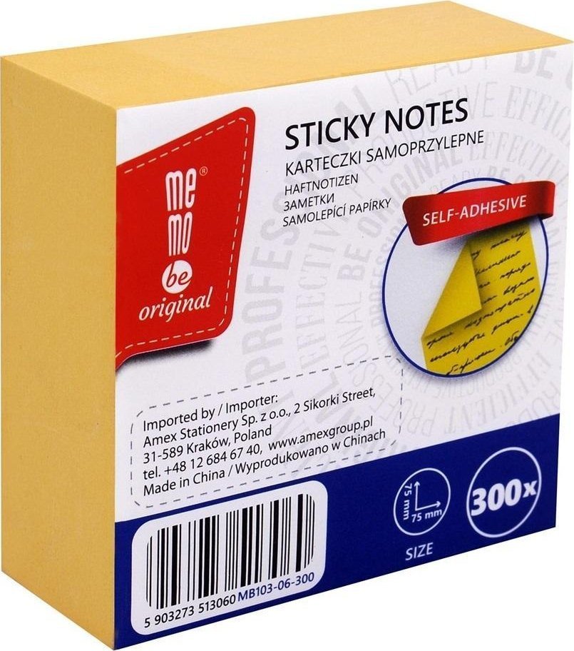 MemoBe Bloczek samoprzylepny 75x75mm 300K żółty