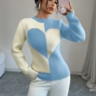 Swetry damskie - TEMU Damski Sweter w Kolorze Turkusowym z Sercem – Elegancki Sweter z Półgolfem, Dużym Wycięciem w Kształcie , Kołnierzem i Miękkim Niebieskim - miniaturka - grafika 1