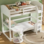 Łóżka dla dzieci i młodzieży - Łóżko piętrowe 90 x 200 cm z rozkładanym stołem, sofą, 3 poduszkami i poduszką - lite drewno + płyta MDF - białe (bez materaca) - miniaturka - grafika 1