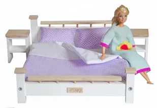 Zestaw Sypialnia ASH drewniana podwójna dla Barbie i Kena : Łóżko + 2 szafki nocne + pościel , mebelki drewniane do domku dla lalek Model lawendowy - Domki dla lalek - miniaturka - grafika 1